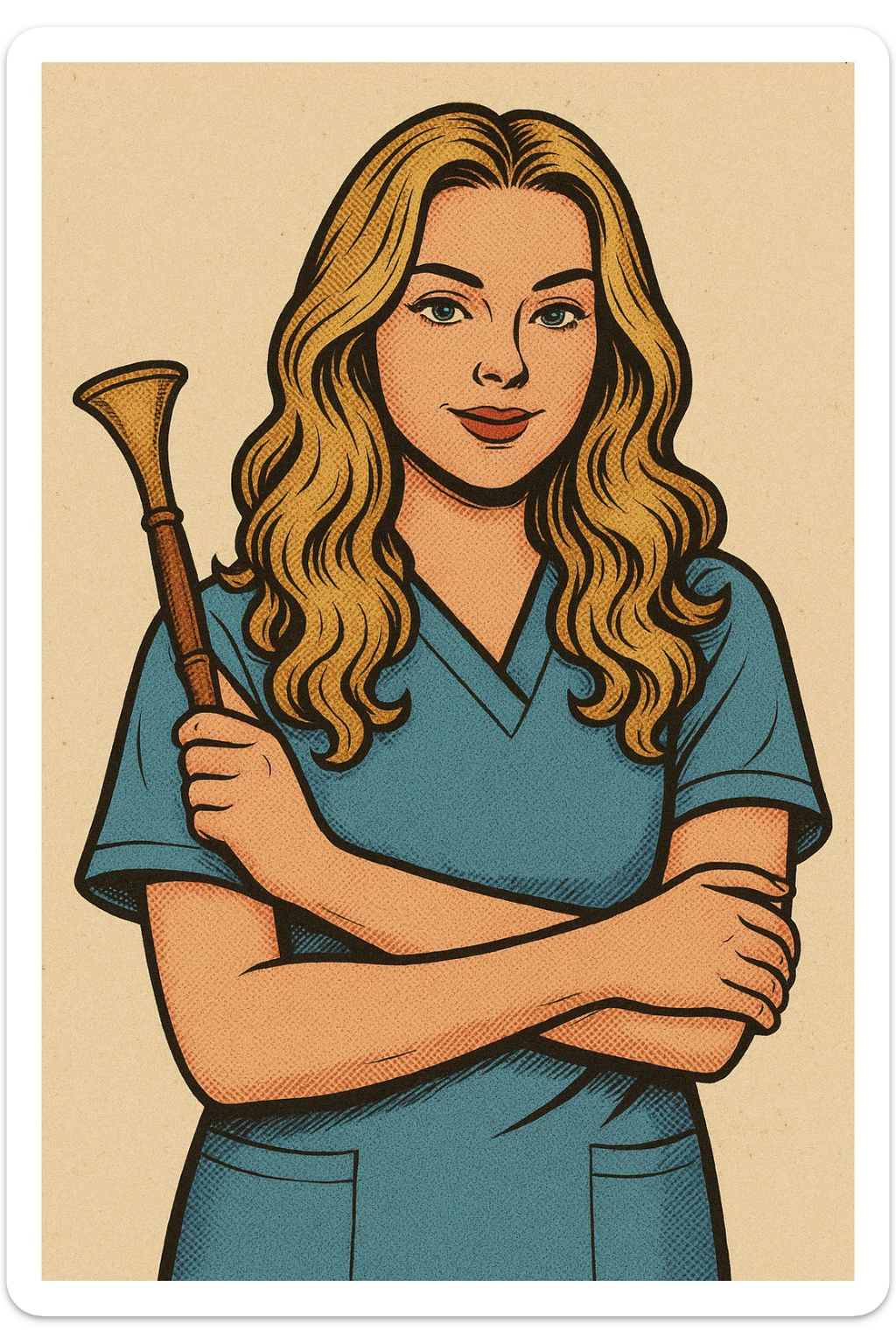 Portrait of a girl as in the reference photos, with the same appearance and clothing. She holds an obstetric stethoscope in one hand, the other hand is hugging herself. Style: old-school comic book with thin clean contours, soft rounded shapes, detailed shadows and highlights, soft lighting, minimalist background without decoration. sticker