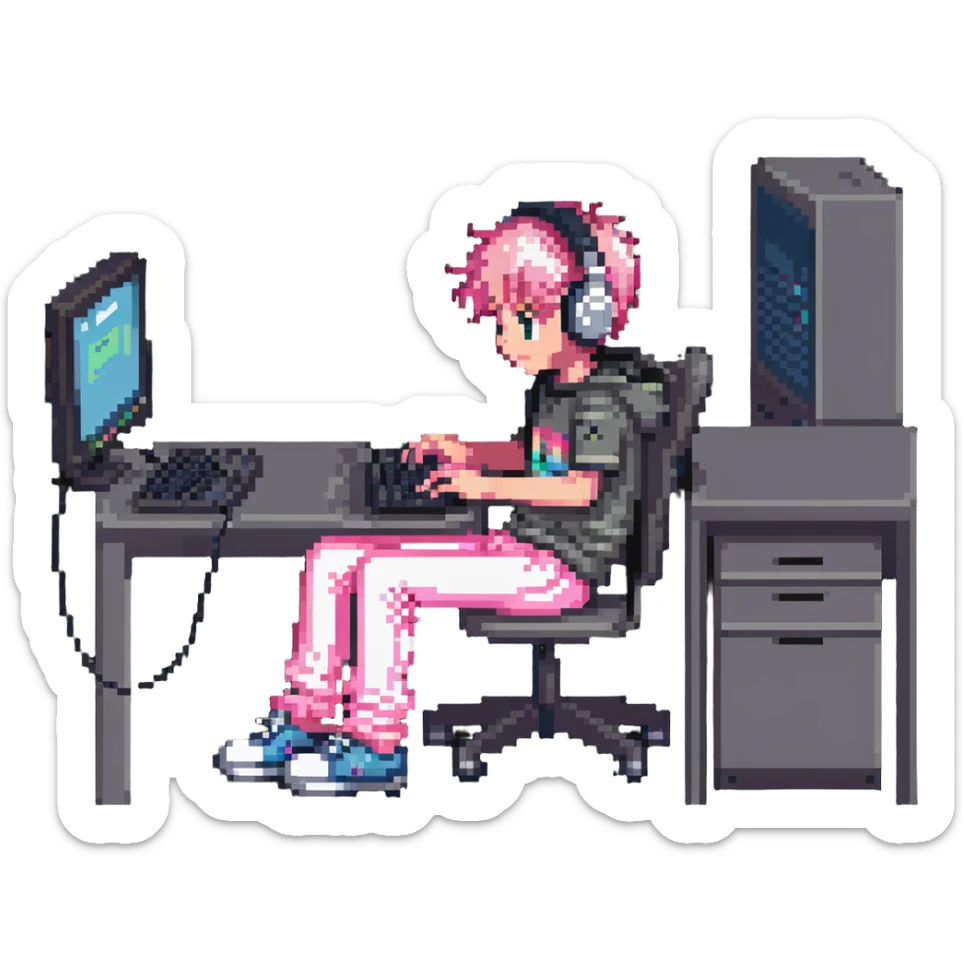 boy in pink pants sitting at a computer listening to music with headphones sticker
