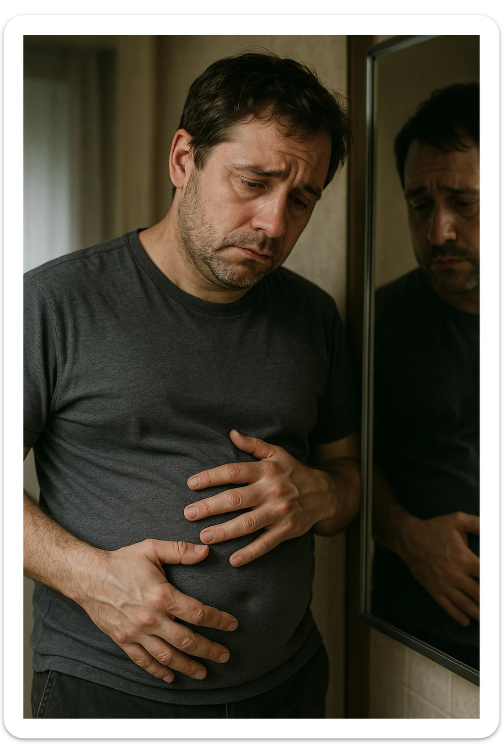 uomo che si guarda allo specchio triste mentre si tocca la pancia, pensieroso, iperrealistico 4k sticker