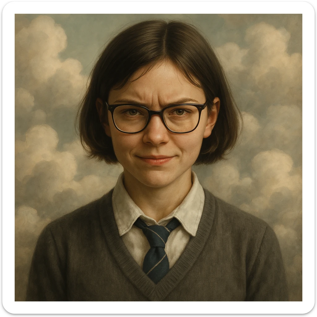 high school girl with glasses and short hair, smiling but with subtle signs of inner anger, surrounded by clouds, in a realistic and detailed style sticker