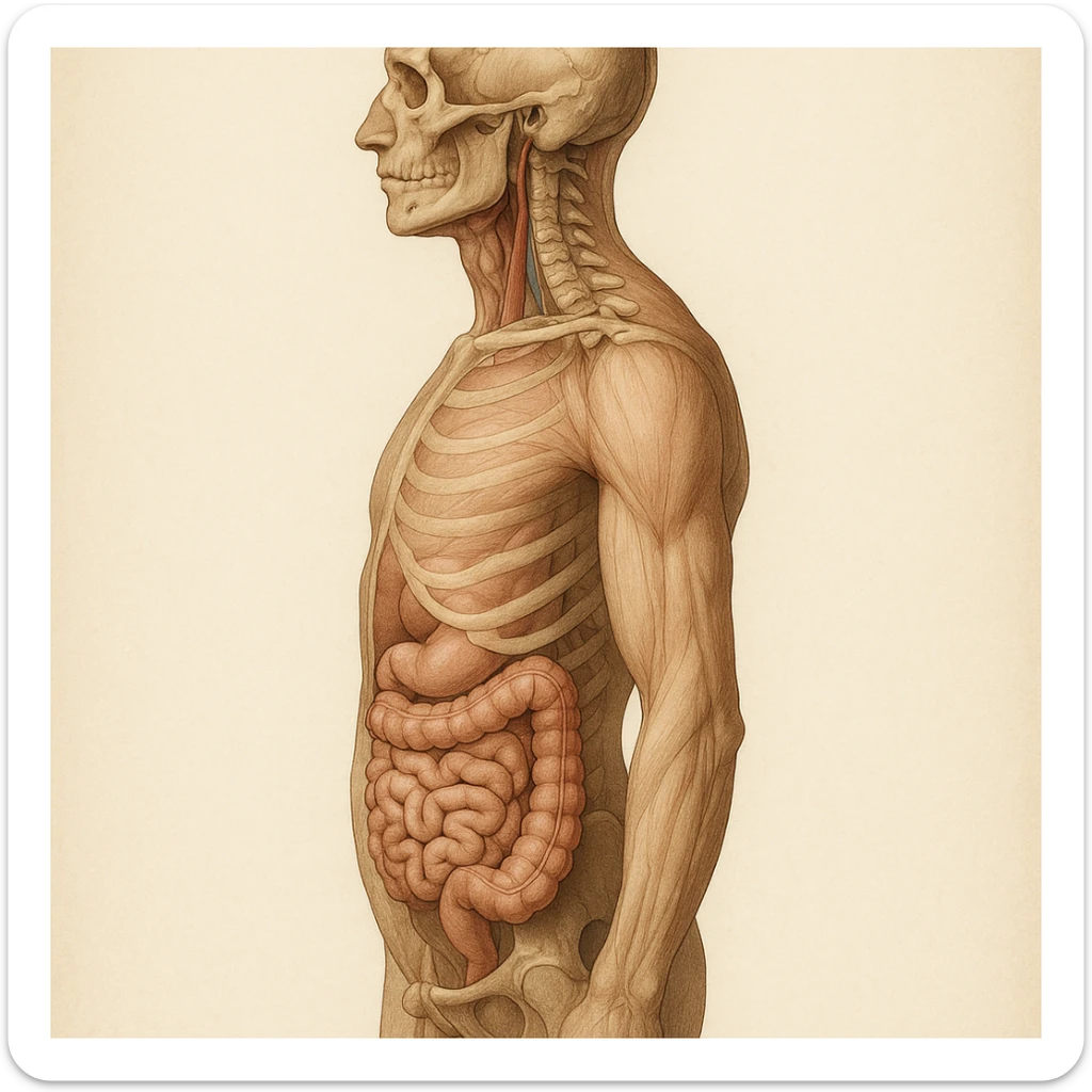 realistic anatomical illustration of human body with intestine, side view, anatomical details, natural colors sticker