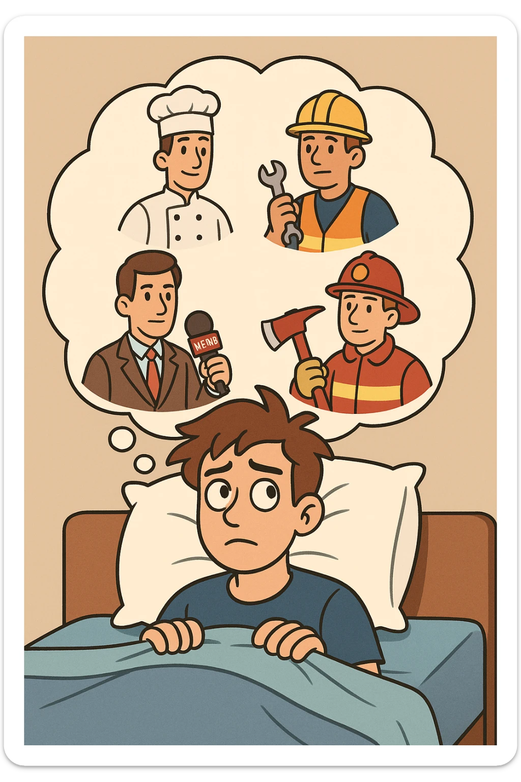 a young man lying in bed, dreaming of different jobs, cartoon style, colorful, flat toon style sticker