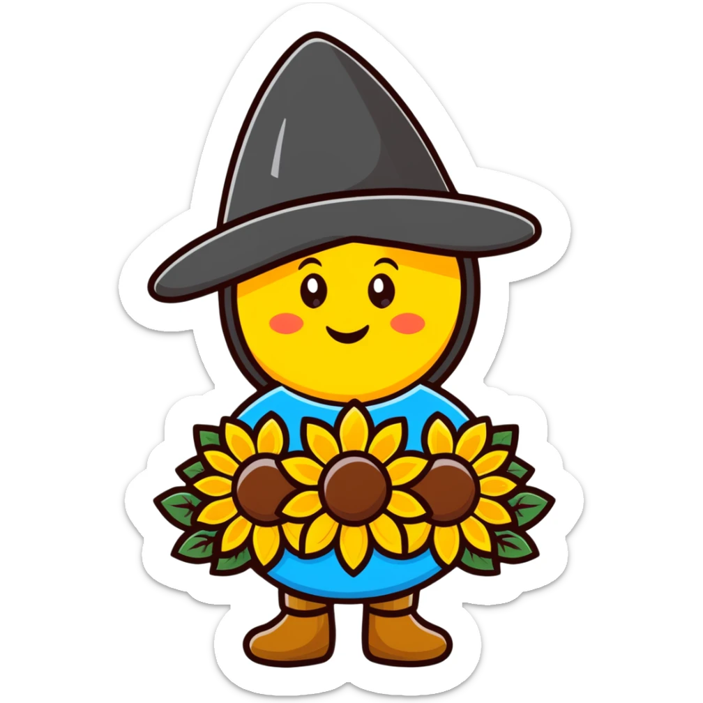 Happy Ukrainian emoji with sunflower and traditional Ukrainian hat sticker