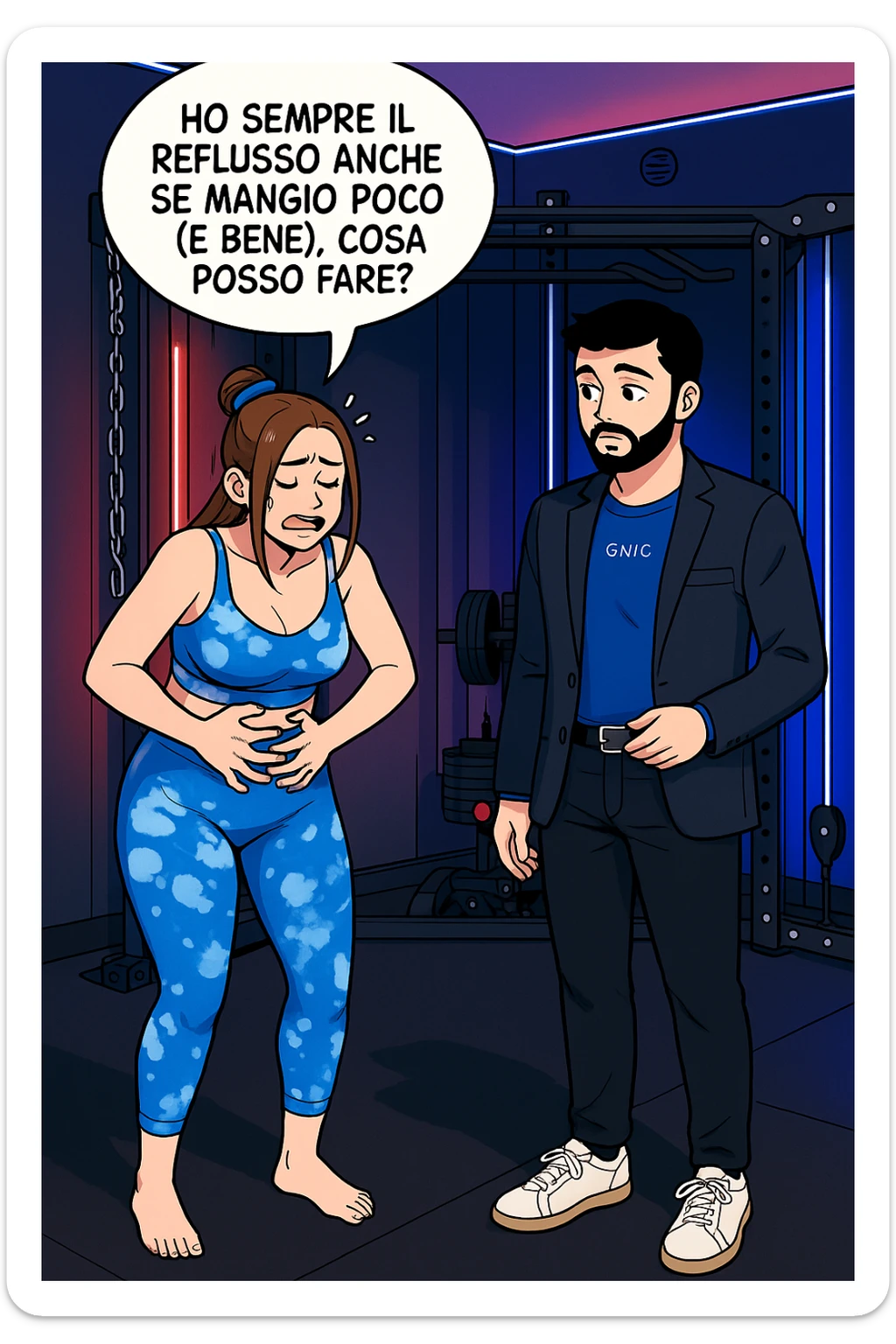 TRASFORMA QUESTO CAROSELLO IN UN FUMETTO STILE WEBTOON/MANGA A COLORI CON QUESTE DUE PERSONE IDENTICHE CHE INTERLOQUISCONO TRA LORO, LA DONNA è DISPERATA CON LE MANI sulla pania perché soffre di reflusso E STA DOMANDANDO TUTTA AGITATA UNA COSA ALL'UOMO:

LEI (DONNA): Ho sempre il reflusso anche se mangio poco (e bene), cosa posso fare?
 sticker