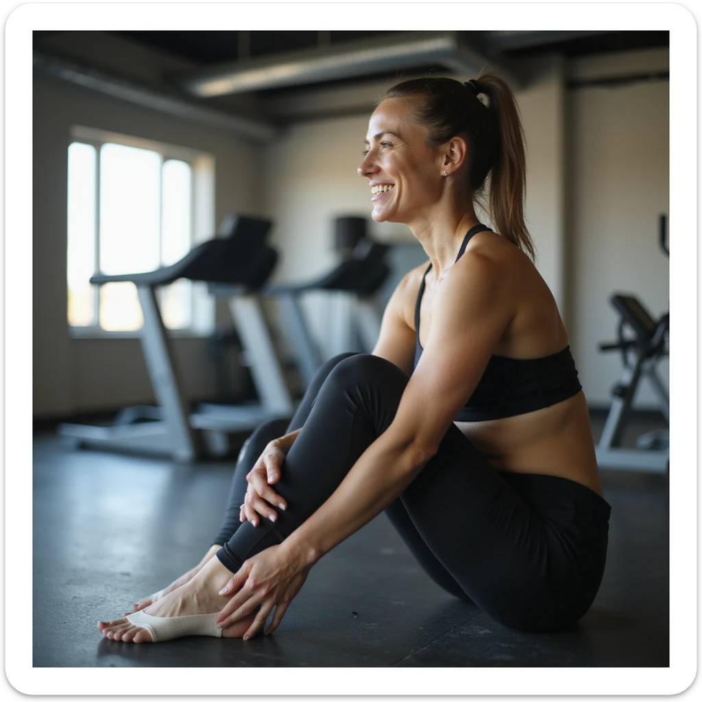 realistic 4K woman in gym wearing insole, starting workout energetic and smiling, then sitting touching foot with tired expression to show benefit decline sticker
