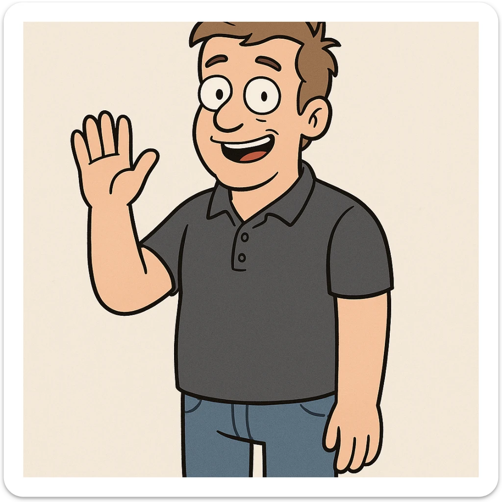 A man and light brown hair Dark Grey Pique Polo Shirt blue jeans hand to say hello sticker