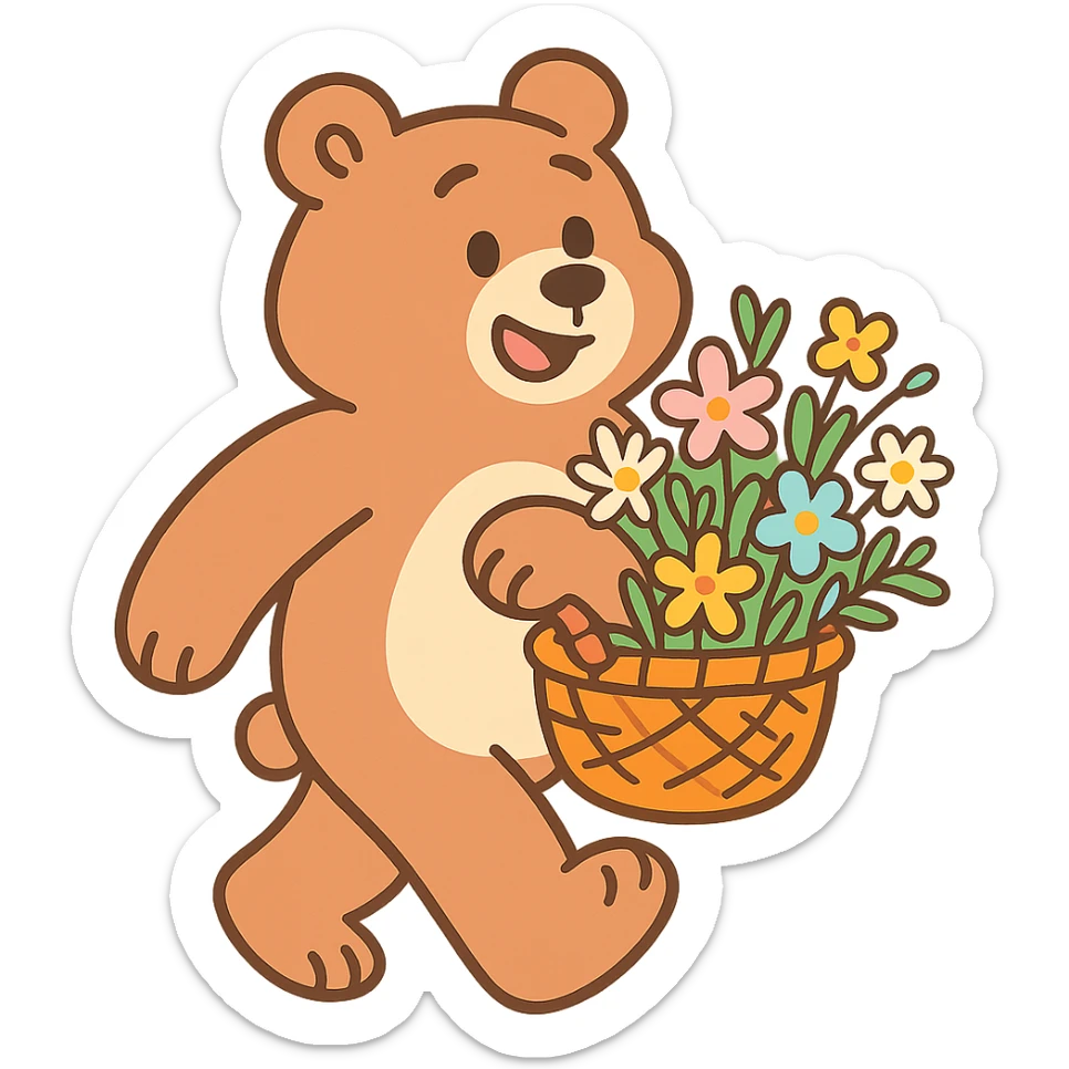 bear carrying a basket of wildflowers, soft pastel brown and cream, pastel toon style sticker