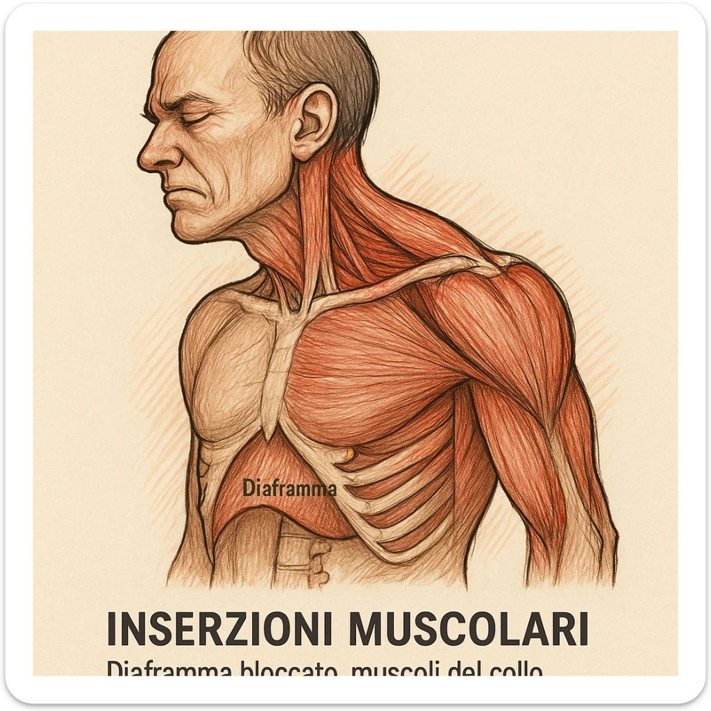 illustrazione con focus sulle inserzioni muscolari, diaframma bloccato, muscoli del collo e scapole sovraccaricati, didascalia in italiano sticker