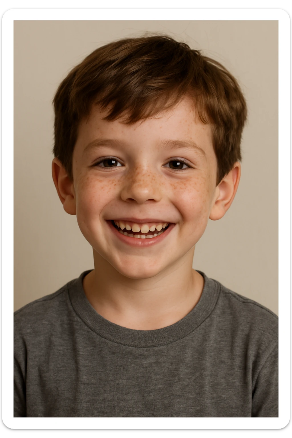 young boy with brown hair and freckles, happy, neutral background sticker