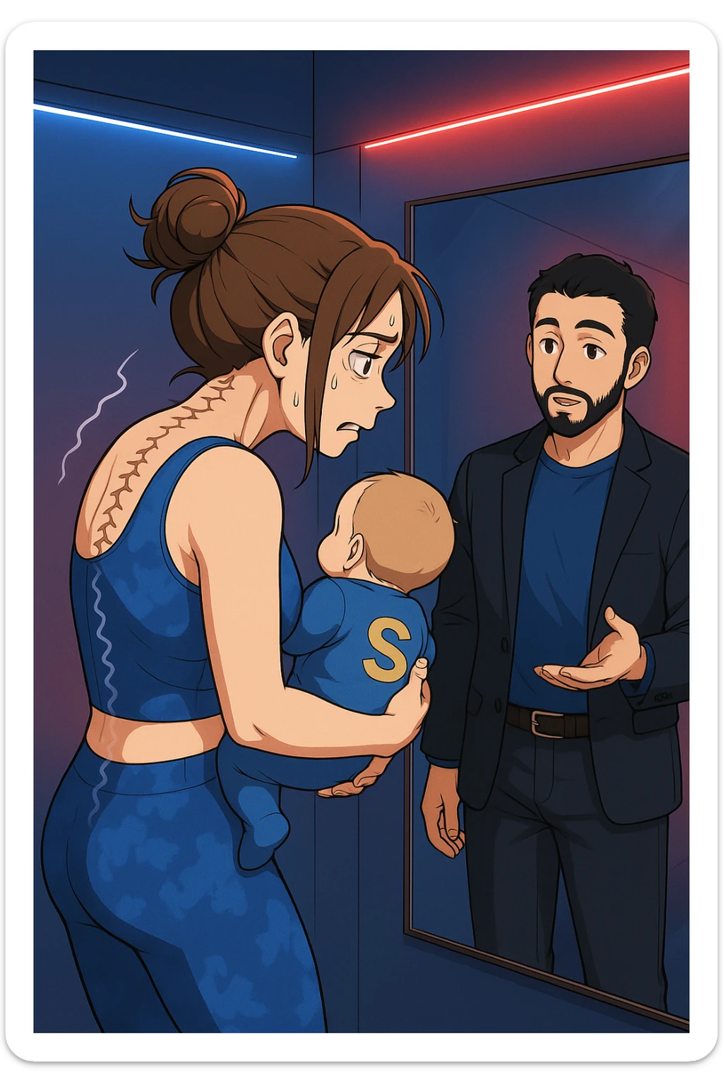 ispirati a questo stile di disegno e fai questa immagine in versione manga/webtoon a colori, il manga mostra la donna che si guarda alla specchio preoccupata di profilo con la postura sbagliata e incurvata, spalle chiuse e curve in avanti, con un neonato in braccio con una tutina azzurra e la scritta "S" sulla schiena, spina dorsale storta della donna in evidenza mentre al suo fianco anche l'uomo guarda la donna riflessa nello specchio e le spiega una cosa, ma non fare i fumetti, fai come se stessero parlando sticker