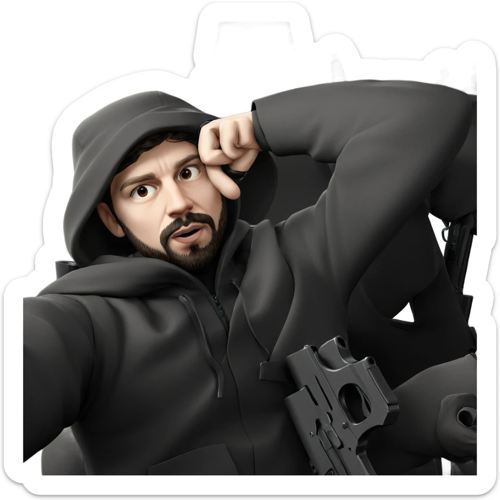 bearded boy with gun sticker