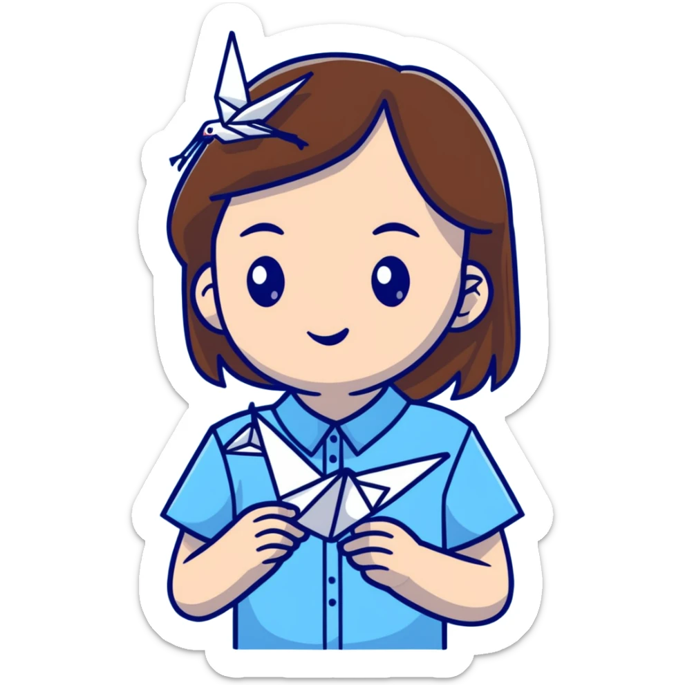 A happy Ukrainian young girl with brown hair in a white embroidered shirt holds an origami blue crane sticker