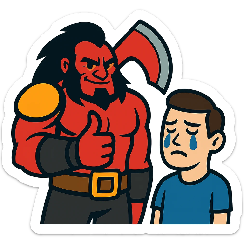 A cartoonish Dota 2 hero (like Axe) giving a thumbs-up to a player who never cries sticker