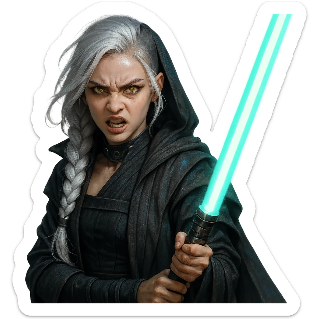  a closeup portrait of young woman with gold yellow eyes, white hair, long braid, black off-shoulder top, punk gothic style, futuristic cyberwave cyberpunk,  jedi attire and posture robes of a padawan, foreweilding a bright blue-green lightsaber, angry fierce face expression, power stance, 30-90 sticker