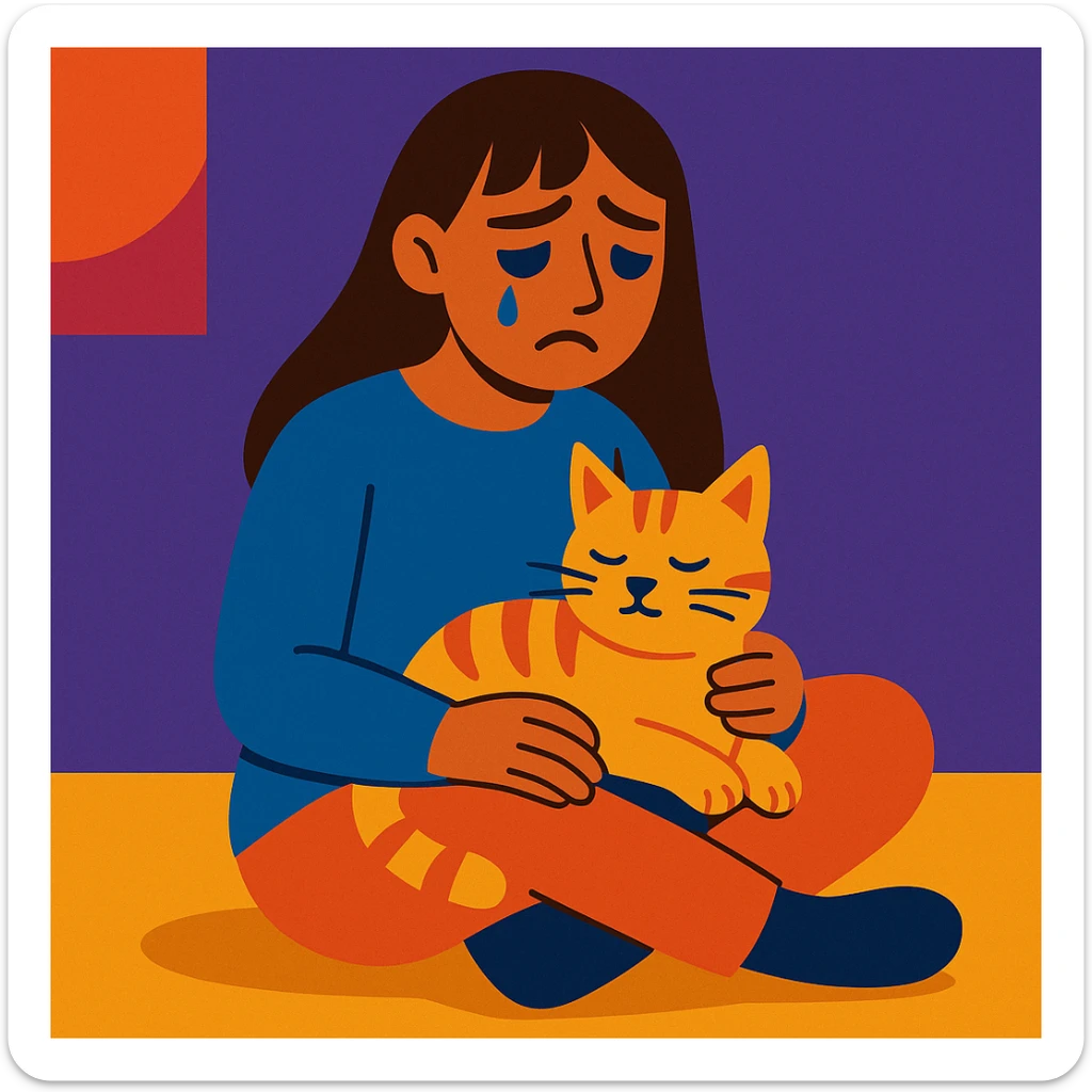 a sad brunette woman with straight hair sitting on the floor, holding a ginger cat in her lap sticker
