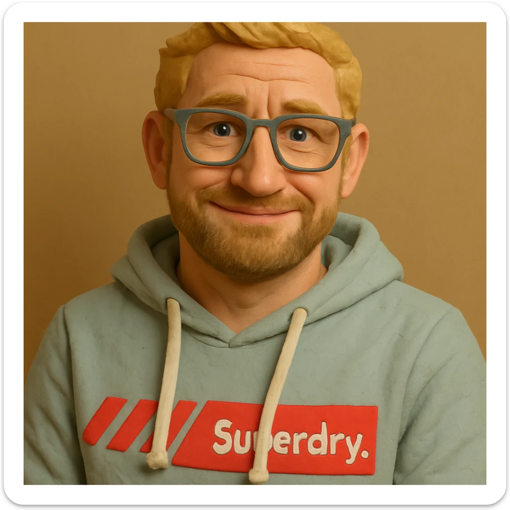 Weniger Falten, Haare mehr blond, Gesichtsausdruck freundlicher und leicht lächelnd, weiterhin claymation style portrait inspiriert von Gerard Butler sticker