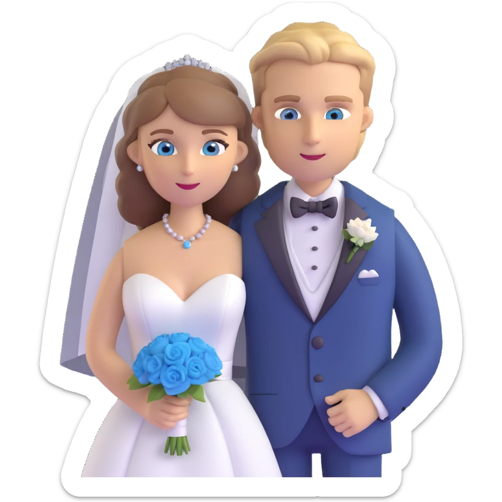 portrait of a bride with light brown hair and grey-blue eyes, and a groom with blonde hair, blue eyes, wearing a brown suit sticker