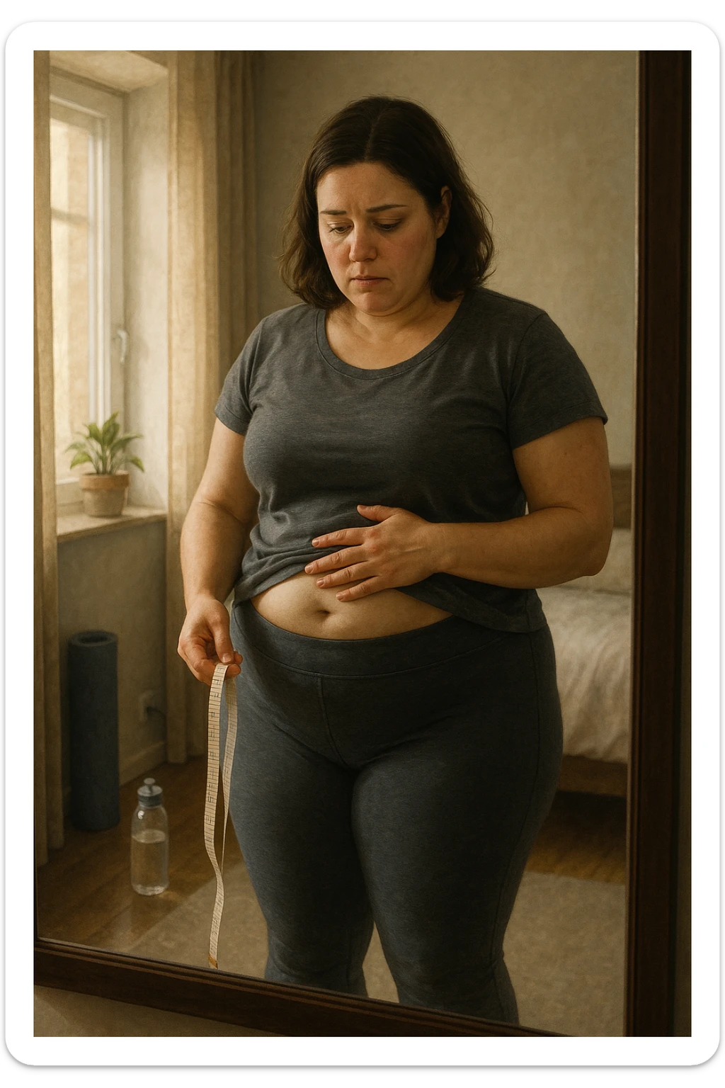 A realistic, cinematic illustration of a woman in her early 30s with a slightly rounded body shape, standing in front of a mirror in a softly lit bedroom, looking at her reflection with a thoughtful, slightly discouraged expression. She is wearing comfortable home workout clothes, holding a tape measure in one hand loosely, while her other hand gently touches her belly area, showing her frustration with slow weight loss progress. The room is cozy, with natural light filtering in, a yoga mat rolled up in the corner, a water bottle, and a small plant on the windowsill. The scene captures the emotional struggle and quiet determination of a woman facing difficulties in losing weight despite her efforts, with warmth and dignity. sticker