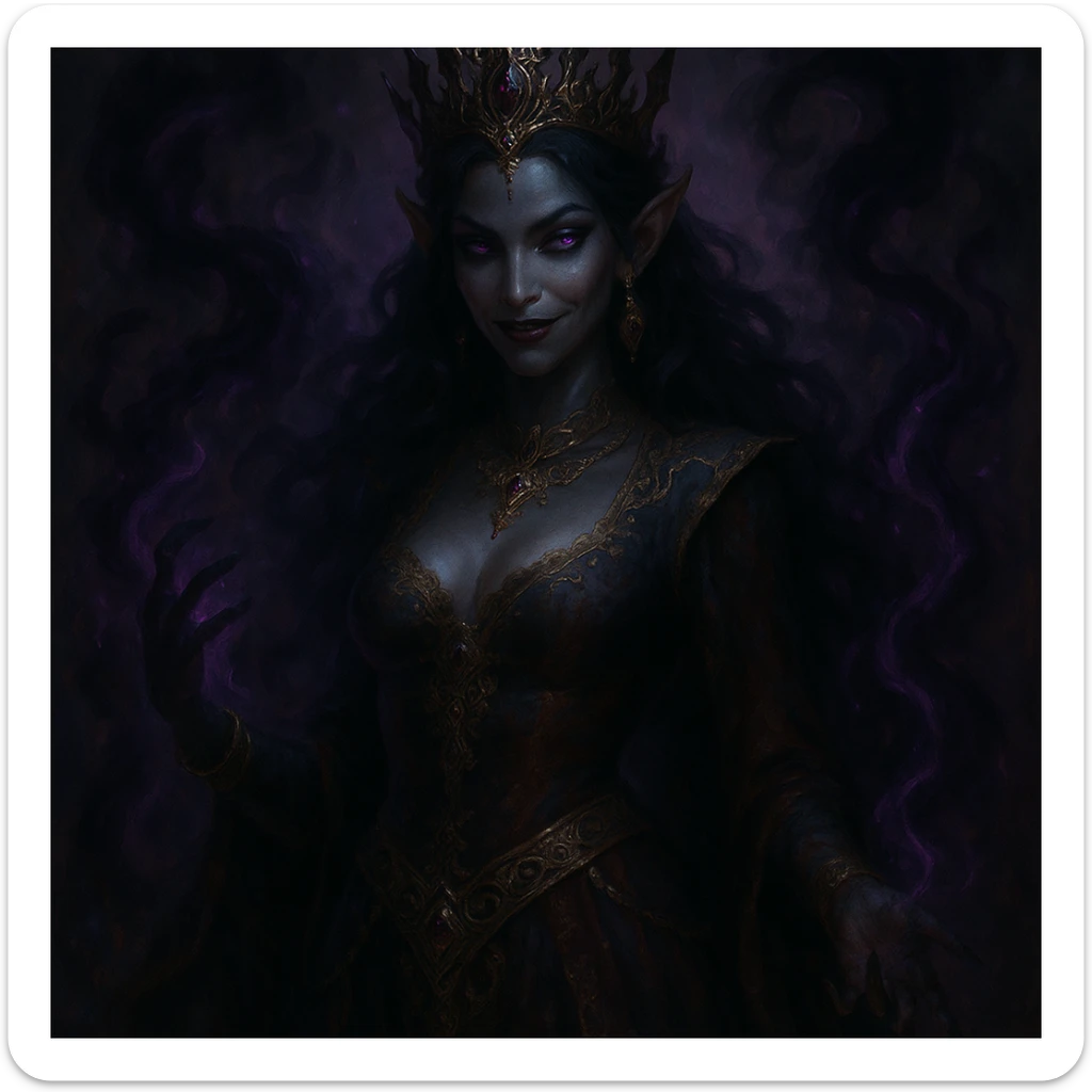a beautiful but evil jinn queen, dark magical energy, ornate crown, sly smile, luxurious attire, fantasy illustration sticker