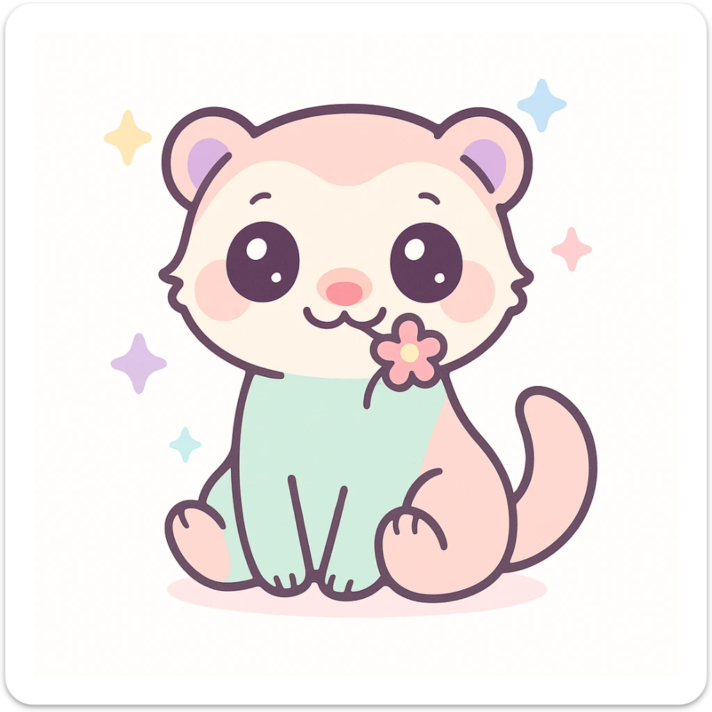 kawaii cartoon baby ferret, sitting with a tiny flower in its mouth, sparkly eyes, pastel colors, simple background sticker