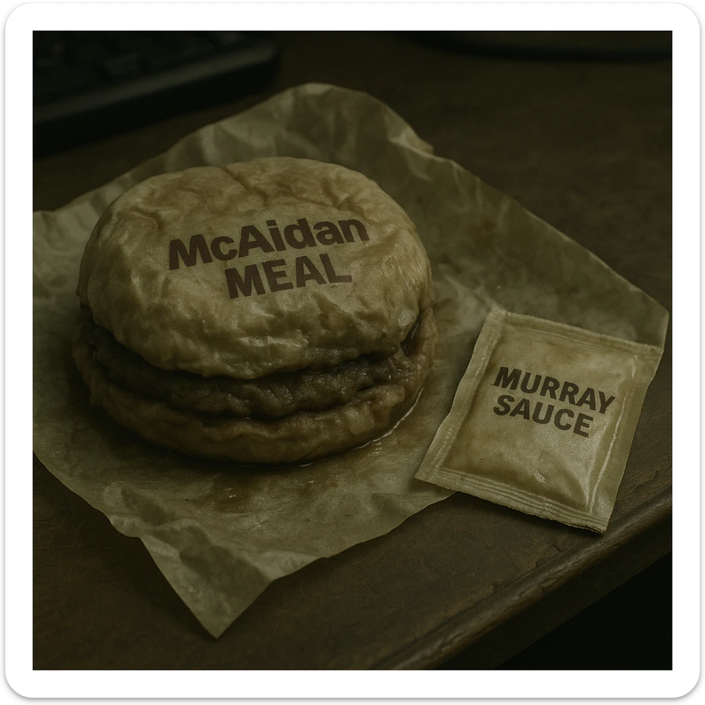 A close-up of a soggy 'Mcaidan' meal and a side of 'Murray Sauce' on a desk, with clear labels on the wrappers. The food looks unappetizing and depressing, emphasizing a gloomy mood. sticker