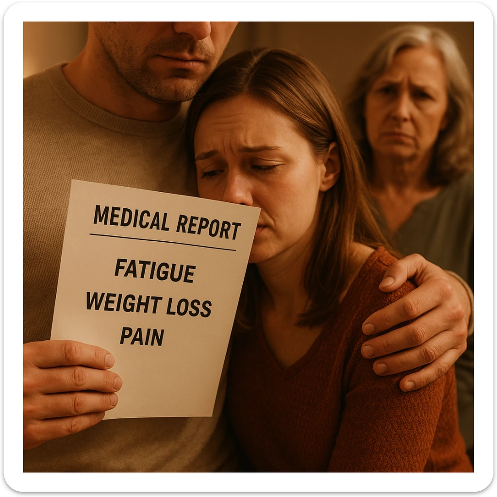 Close-up of the man's hand holding medical reports labeled with symptoms, his other arm gently around his wife's shoulders, the mother-in-law in the background with a doubtful expression. sticker