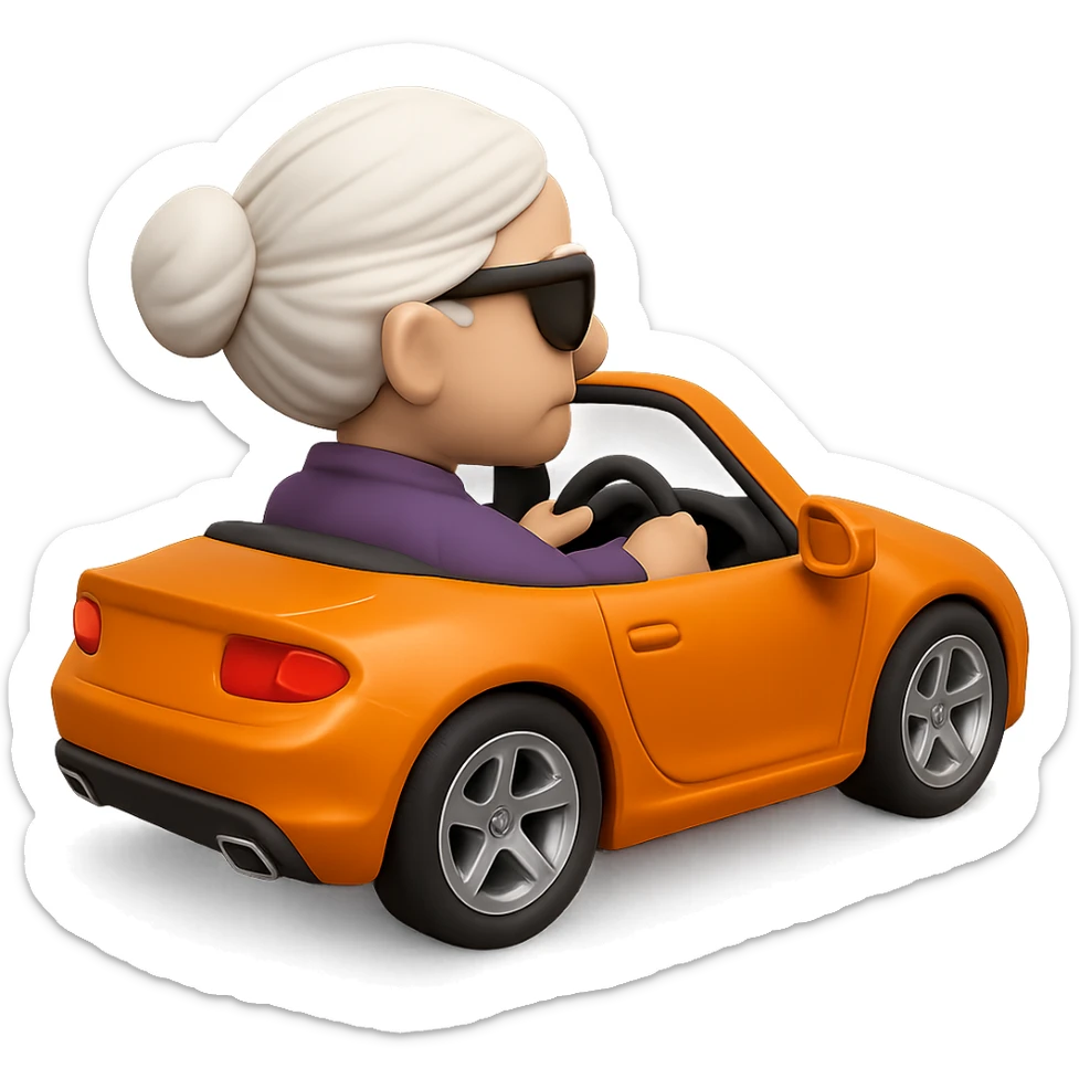 Show the old lady with white hair in the orange sports car from a rear angle, in 3D emoji style, realistic, wearing sunglasses, no background. The style should resemble Microsoft style 3D fluent emojis with realistic details and no background. sticker