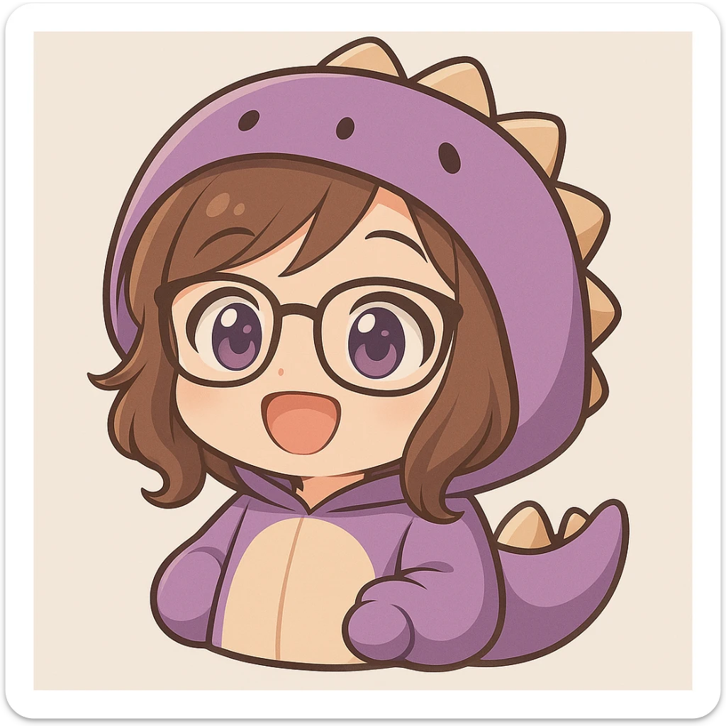 Brighten up the face of the chibi anime style girl with glasses, brown hair, dark purple eyes, wearing a purple dinosaur costume. She should look happy with eyes open, no controller, and no background. Keep the same chibi stickers style as the reference image. sticker