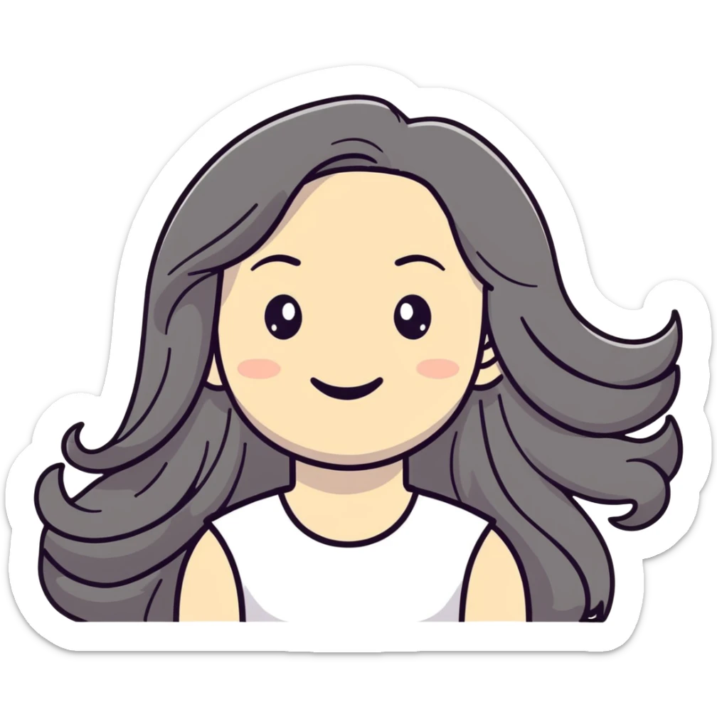 smiling girl with long, flowing hair and white skin sticker
