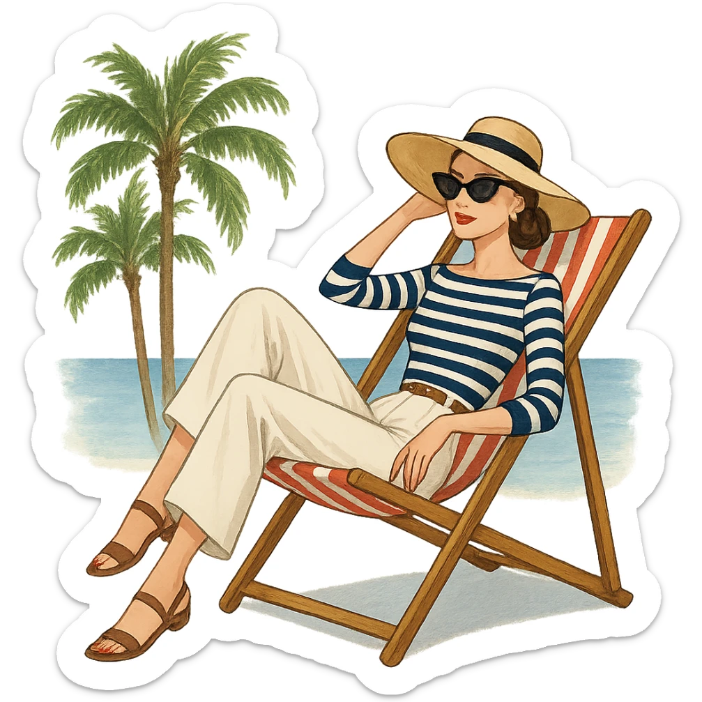 stylish girl in Riviera fashion, lounging on a deck chair with palm trees and sea in the background sticker