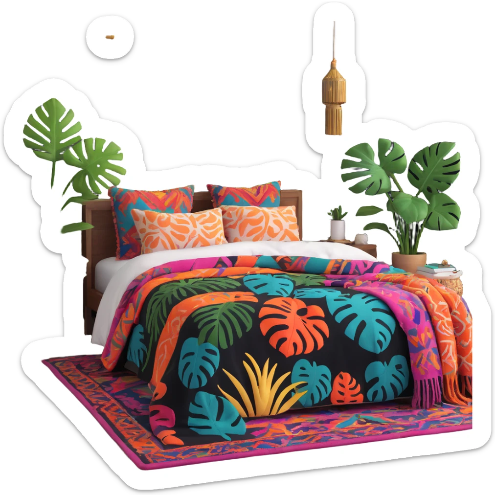 modern boho bedroom with monstera plants, colorful textured rugs, and piles of cozy blankets sticker