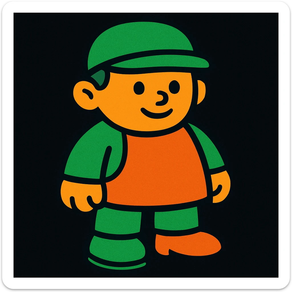 miniature of a person, green and orange colors, black background, vibrant style sticker