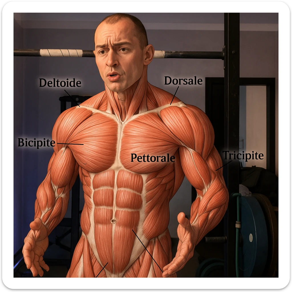 Highlight the muscle fibers of the man's body in the reference photo in a realistic anatomical style, maintaining the original pose and expression. Add labels in Italian for the main muscles: pettorale, bicipite, tricipite, deltoide, trapezio, dorsale, addome. sticker