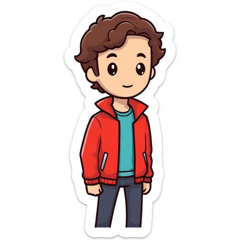 Homem de cabelo castanho ondulado usando uma jaqueta vermelha sticker