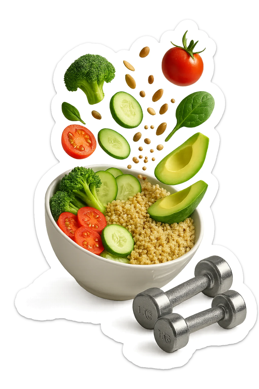 bowl bianca con cibo sano che cade dall'alto insieme a piccoli manubri da palestra in 3d, iperrealistica 4k sticker