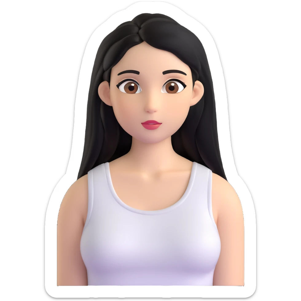 Female with straight long black hair parted in middle, beige skin, big brown eyes, natural makeup, white sleeveless top sticker