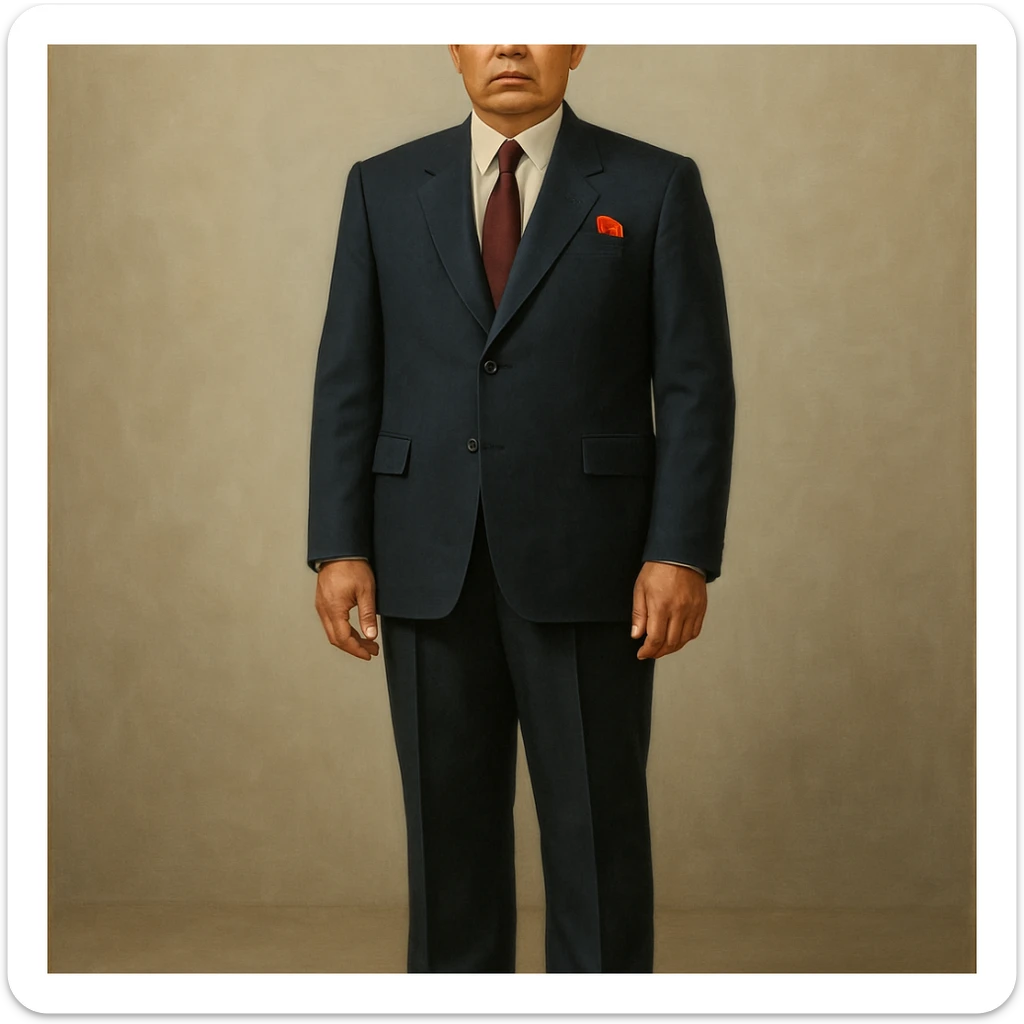 Official portrait of a North Korean man, head of the hull production workshop at a shipyard, serious and formal style, dark suit, neutral background, confident and focused expression, style inspired by Soviet and North Korean official portraits, full body, not cropped, head not cut off, head and feet fully in frame, variation 4 sticker