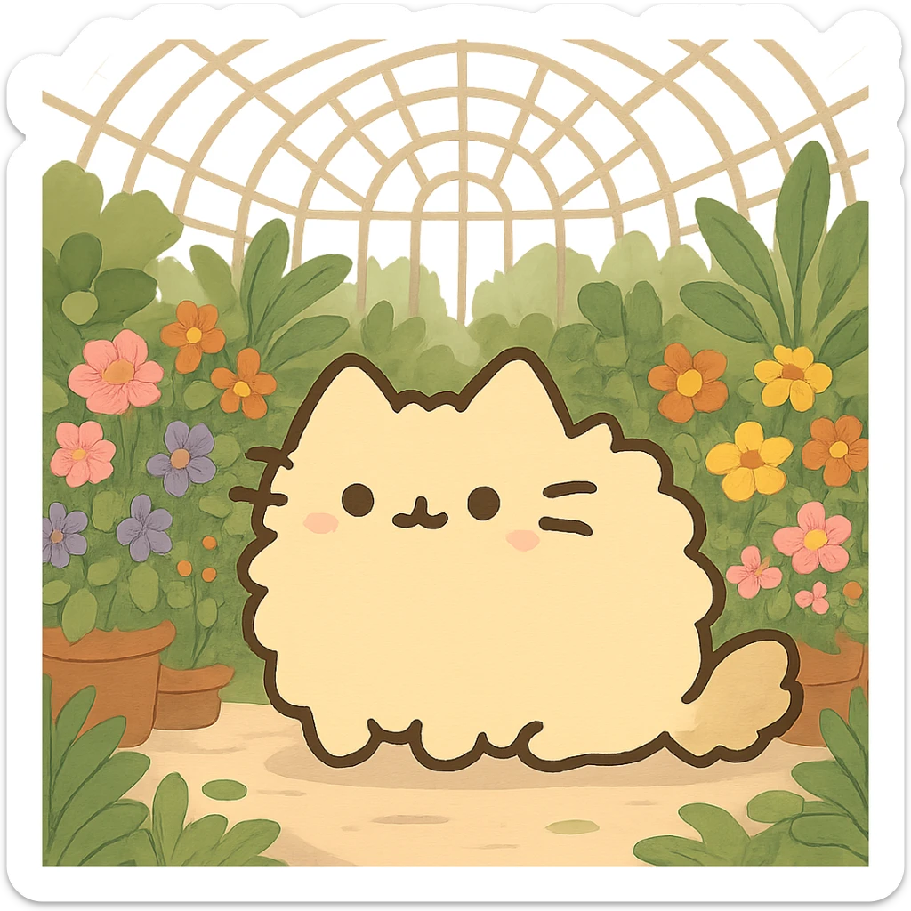 pusheen-style fluffy blonde kitten in a botanical garden greenhouse filled with flowers sticker