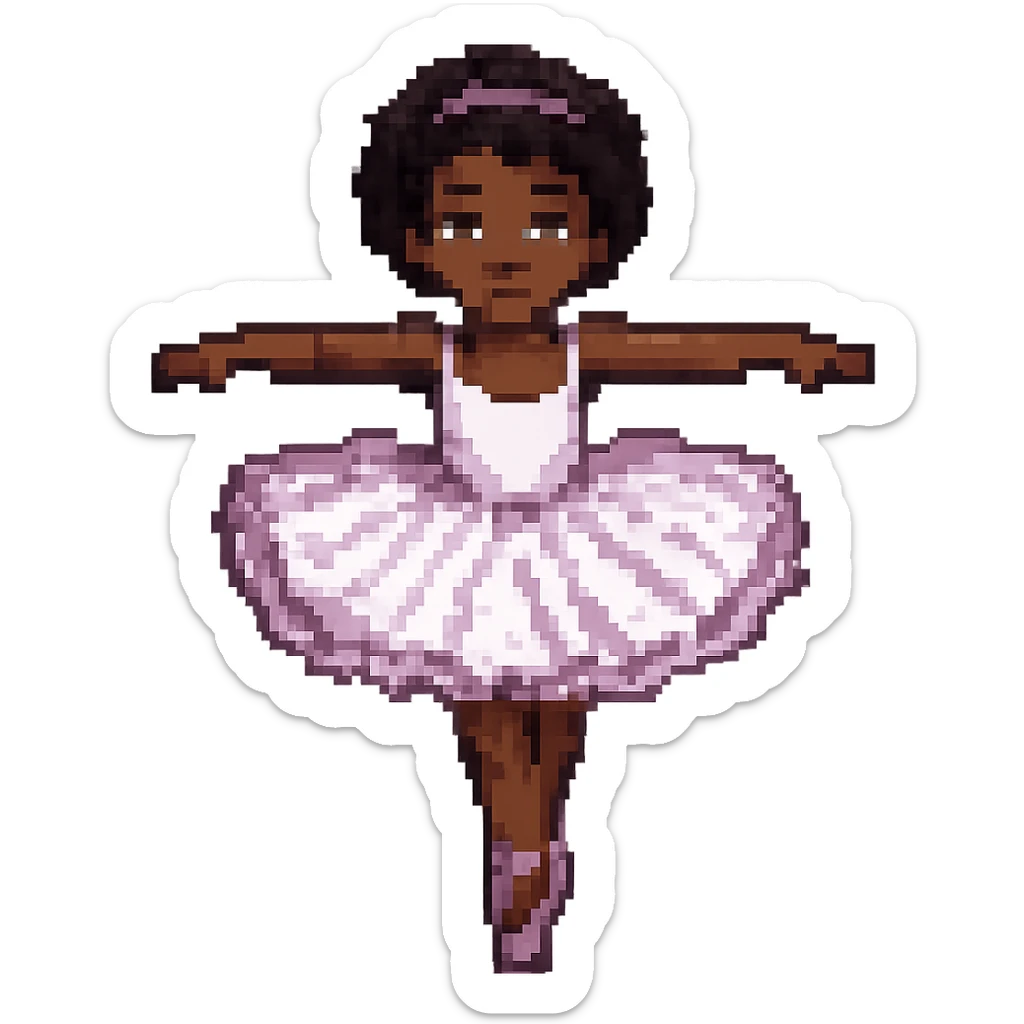 Make her a ballerina with dark skin and curly black hair in pixel art style, no background. sticker