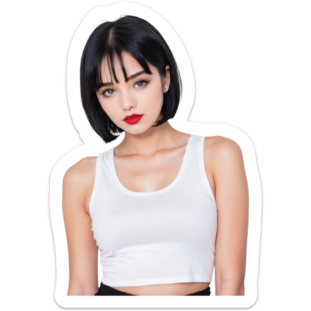 A pretty girl with black straight bob hair. She has hazel eyes with black eyeliner. She has plump red lips. She is wearing a white tank top sticker