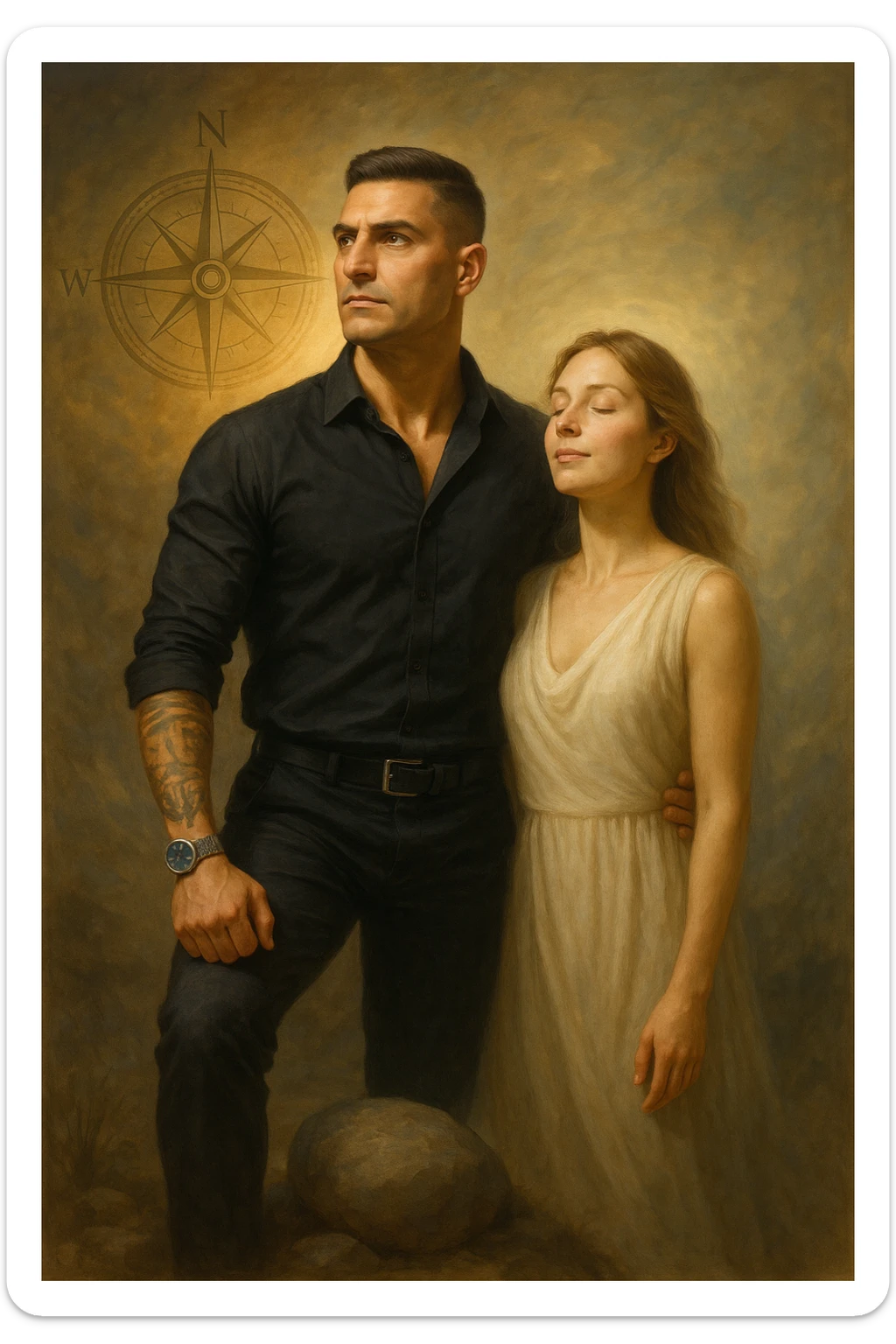 Uomo tra i 35 e i 45 anni in piedi accanto alla sua compagna, in uno spazio calmo e simbolico. Lui guarda avanti con sguardo deciso, postura ferma, braccia rilassate ma solide, mentre la donna al suo fianco si sente protetta e leggera, con un’espressione serena. Intorno all’uomo, simboli di direzione e stabilità (bussola, luce calda, pietra solida sotto i piedi). La donna ha una luce morbida attorno, come se fosse alleggerita dalla presenza maschile. Ambientazione naturale o metaforica. Stile realistico, con tocchi simbolici. Tono calmo, profondo, ispirazionale sticker