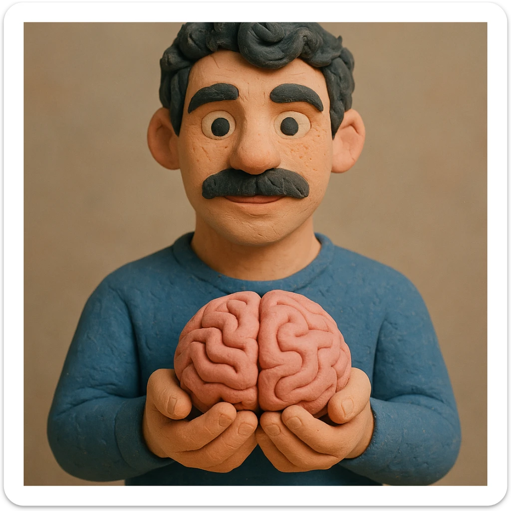 Adjust the claymation man holding a brain to have an age and facial structure between the previous two versions, with a softer expression, dark curly hair, thick mustache, light skin, claymation style with visible fingerprints and pastel colors. sticker
