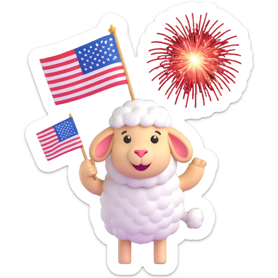 sheep emoji celebrating the Fourth of July, holding an American flag, with fireworks in the background sticker