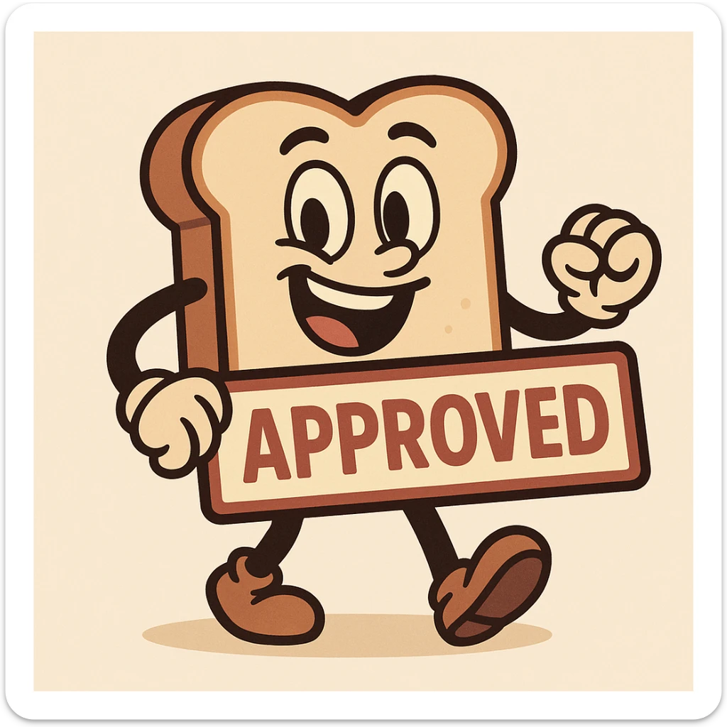 cartoon toast character holding a large 'APPROVED' sign, cheerful and bold, suitable for an avatar sticker