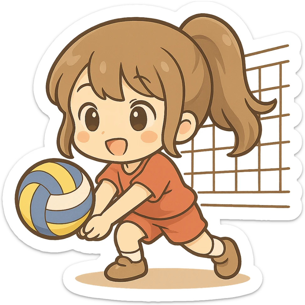 Add a volleyball net to the scene, keeping a cute chibi cartoon style with no background, adorable and playful appearance. sticker