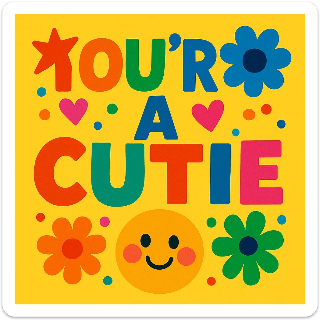 the words "you're a cutie" in rainbow colors, extra bold and playful font, vibrant and cheerful style sticker