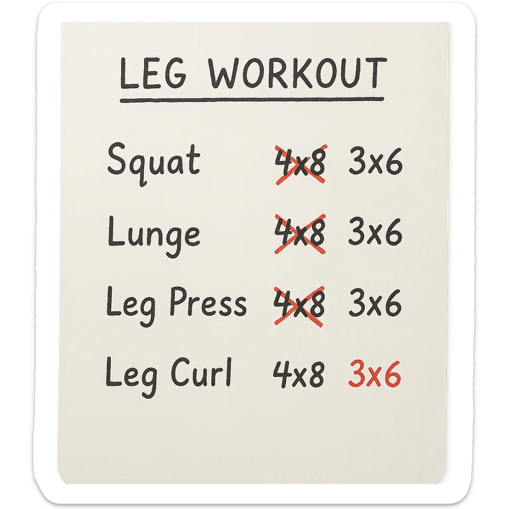 foglio di carta con scheda di allenamento gambe con volume di allenamento ridotto (fai alcuni esercizi con 4x8 scritti in precedenza sbarrati in rosso e la correzione accanto tipo 3x6), scrivila al meglio che puoi sticker