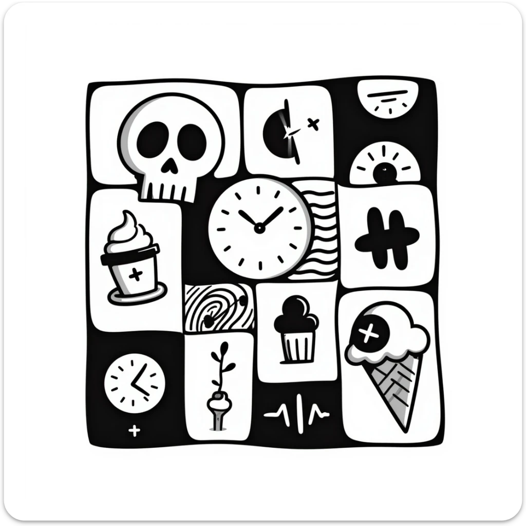 A chaotic patchwork quilt emoji with mismatched symbols and icons, evoking a deliberately absurd and brain-melting feel, grotesque and nonsensical sticker