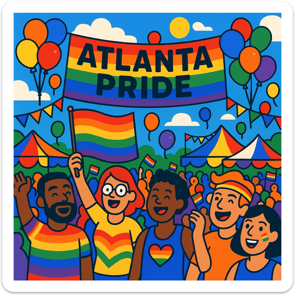Cartoon-style Atlanta Pride festival with festive decorations, balloons, and happy crowds sticker