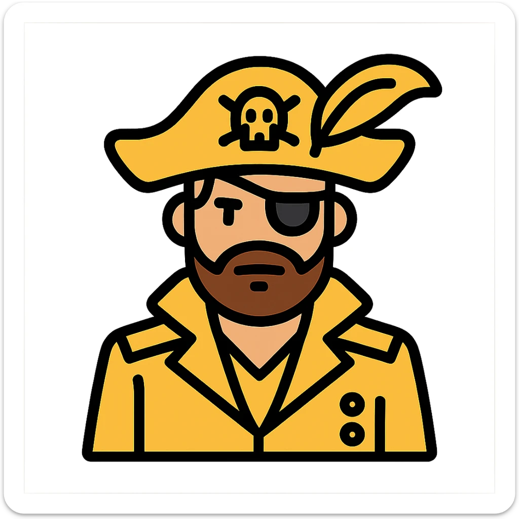 a pirate in a golden uniform and a hat with a golden feather, color outline icon style sticker